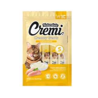 Pack de cinco unidades del snack cremoso para gatos Cremi sabor pollo.