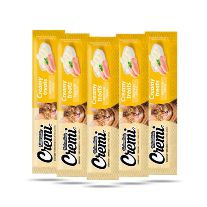 Cinco unidades individuales del snacks para gatos Cremi sabor a pollo
