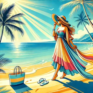 Mujer en la playa vestida con ropa de verano,